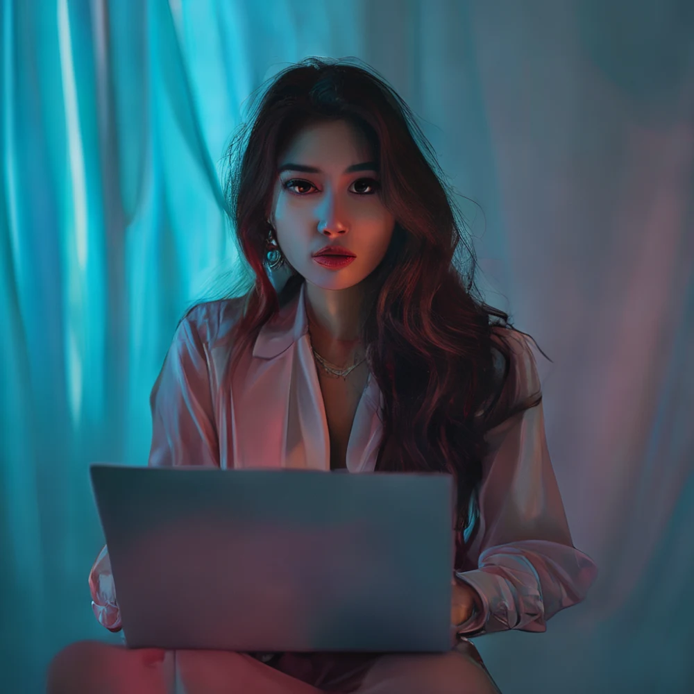 인도네시아 유터버가 라이트북과 폰을 사용하는 모습