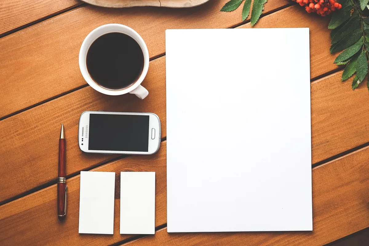 coffee, phone, paper, business, branding, blank, business card, template, smartphone, mobile, cellphone, pen, wooden table, desk, table, flat lay, copyspace, co