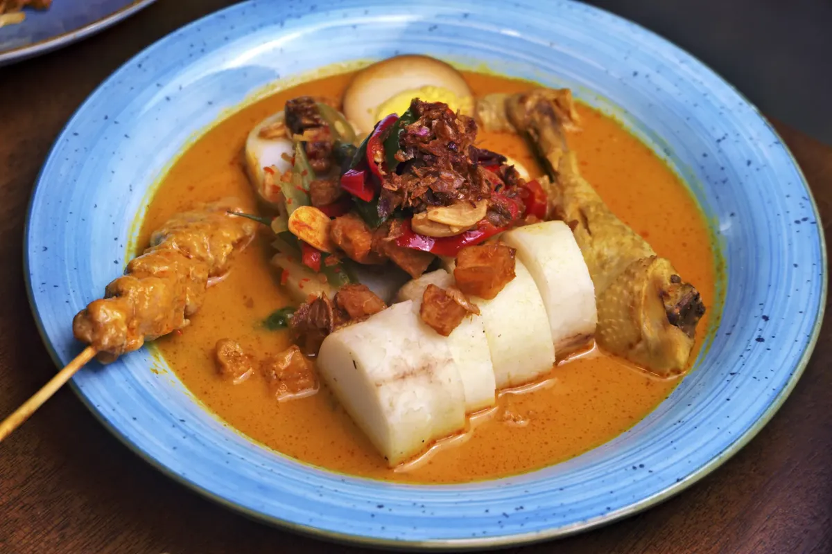 A vibrant Indonesian Lontong Sayur dish with chicken, satay, and rich curry.