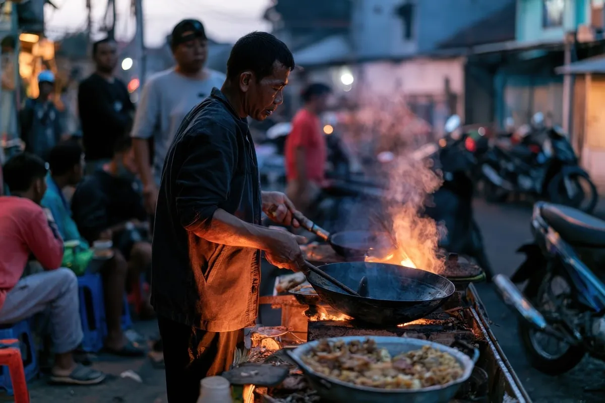 indonesian cuisine, street stall, traditional cuisine, night market, man cooking, street food, cooking on wok, fire, urban street, indonesia, evening, outdoor,