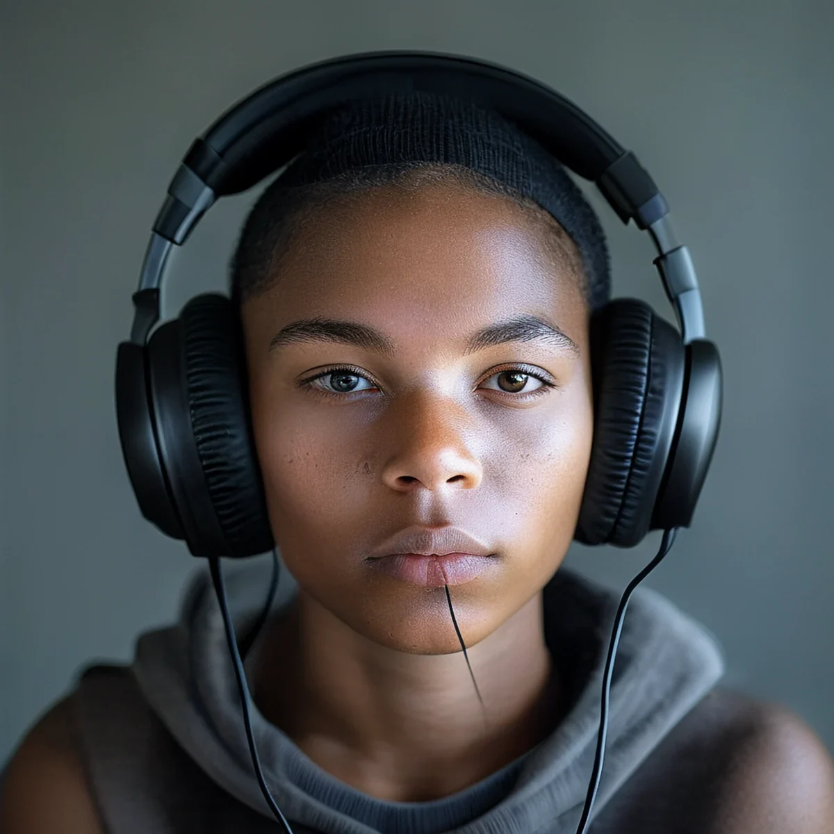 Een persoon met grote over-ear hoofdtelefoon die geconcentreerd vooruit kijkt