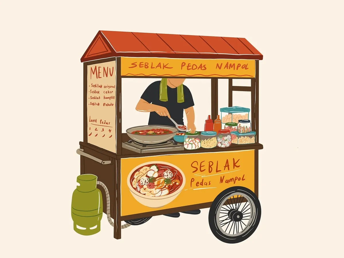 indonesian food, food stall, traditional food, seblak, traditional cuisine, street buffet, spicy food, dish, fast food, chef, cook, mobile food, street vending,