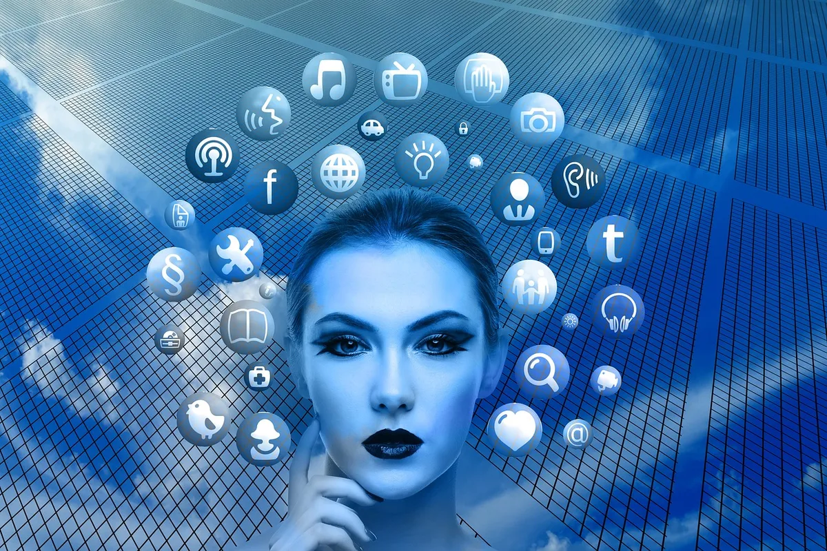 woman, face, social media, thoughts, head, applications, apps, nature, social media applications, icons, circle, tree, networks, internet, social, social networ